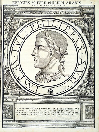 Iulius Philippus, Illustration aus Imperatorum romanorum omnium orientalium et occidentalium verissimae imagines ex antiquis numismatis von Hans Rudolf Manuel Deutsch